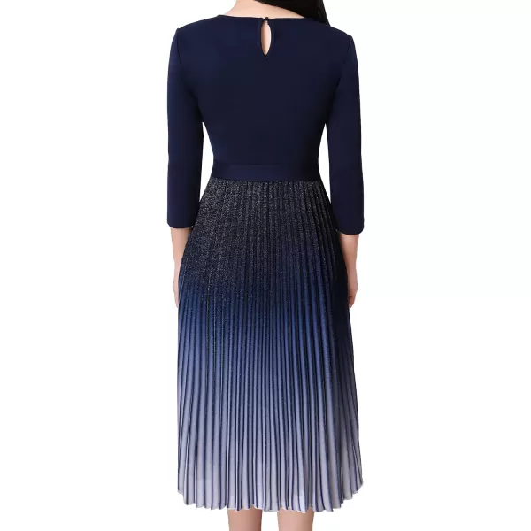 VFSHOW Womens Pleated Crew Neck Pockets Belted Work Business Office Casual ALine Midi MidCalf DressDark Blue Ombre