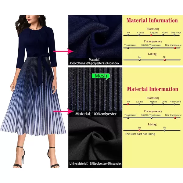 VFSHOW Womens Pleated Crew Neck Pockets Belted Work Business Office Casual ALine Midi MidCalf DressDark Blue Ombre