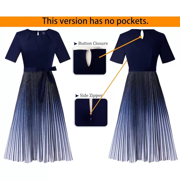 VFSHOW Womens Pleated Crew Neck Pockets Belted Work Business Office Casual ALine Midi MidCalf DressDark Blue Ombre2