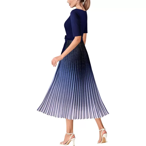 VFSHOW Womens Pleated Crew Neck Pockets Belted Work Business Office Casual ALine Midi MidCalf DressDark Blue Ombre2