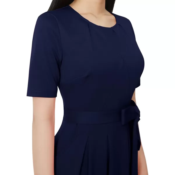 VFSHOW Womens Pleated Crew Neck Pockets Belted Work Business Office Casual ALine Midi MidCalf DressNavy Blue