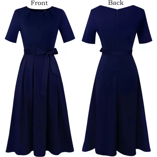 VFSHOW Womens Pleated Crew Neck Pockets Belted Work Business Office Casual ALine Midi MidCalf DressNavy Blue