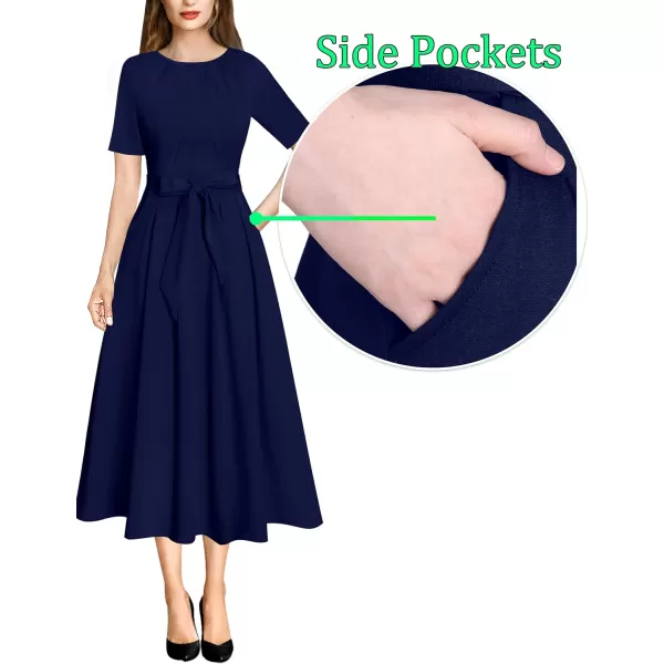 VFSHOW Womens Pleated Crew Neck Pockets Belted Work Business Office Casual ALine Midi MidCalf DressNavy Blue