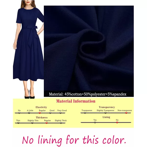 VFSHOW Womens Pleated Crew Neck Pockets Belted Work Business Office Casual ALine Midi MidCalf DressNavy Blue