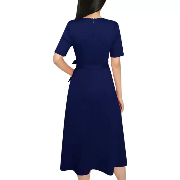 VFSHOW Womens Pleated Crew Neck Pockets Belted Work Business Office Casual ALine Midi MidCalf DressNavy Blue