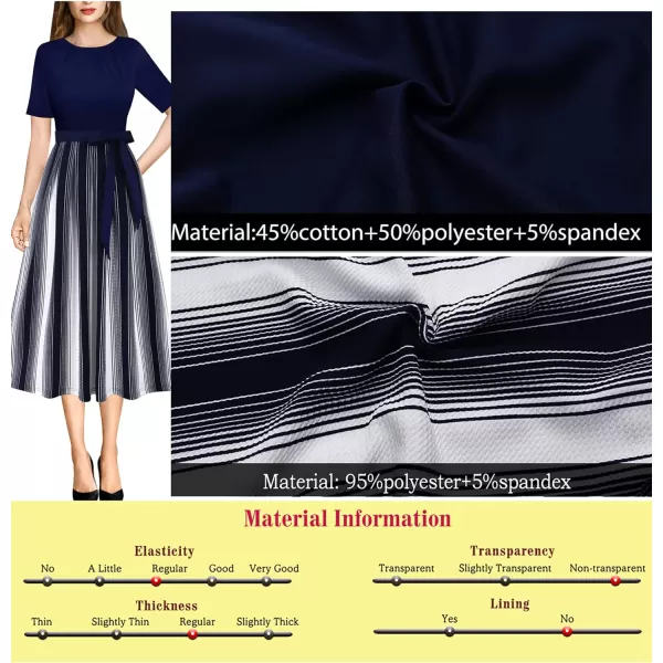 VFSHOW Womens Pleated Crew Neck Pockets Belted Work Business Office Casual ALine Midi MidCalf DressNavy Blue and White Striped