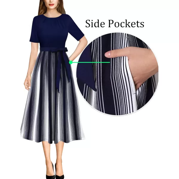 VFSHOW Womens Pleated Crew Neck Pockets Belted Work Business Office Casual ALine Midi MidCalf DressNavy Blue and White Striped