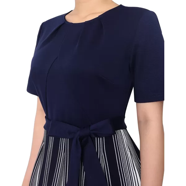 VFSHOW Womens Pleated Crew Neck Pockets Belted Work Business Office Casual ALine Midi MidCalf DressNavy Blue and White Striped