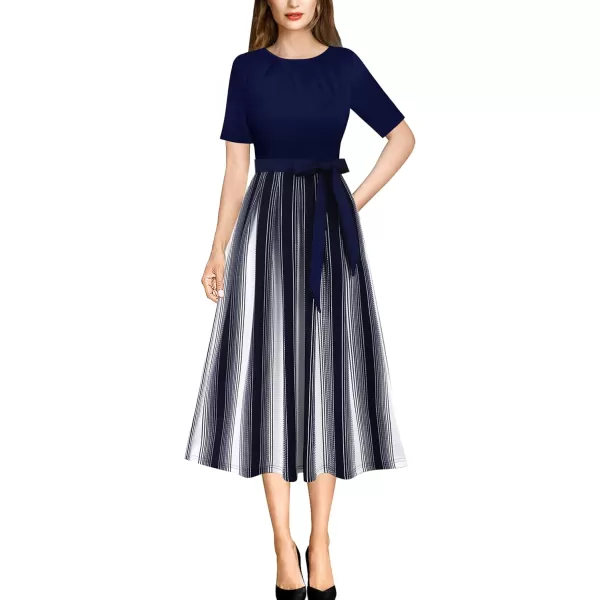 VFSHOW Womens Pleated Crew Neck Pockets Belted Work Business Office Casual ALine Midi MidCalf DressNavy Blue and White Striped