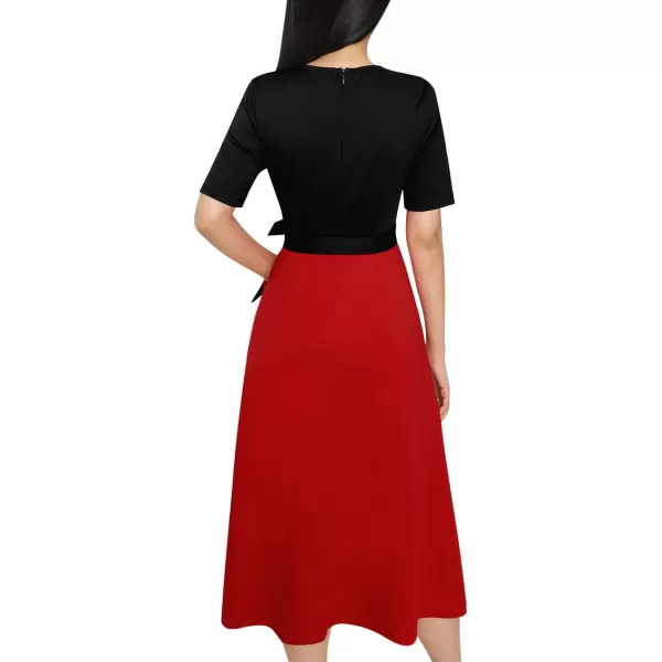 VFSHOW Womens Pleated Crew Neck Pockets Belted Work Business Office Casual ALine Midi MidCalf DressRed and Black