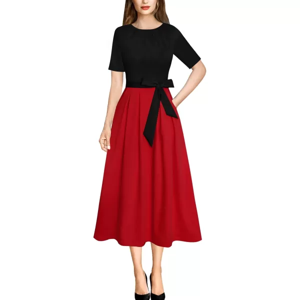 VFSHOW Womens Pleated Crew Neck Pockets Belted Work Business Office Casual ALine Midi MidCalf DressRed and Black