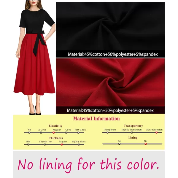 VFSHOW Womens Pleated Crew Neck Pockets Belted Work Business Office Casual ALine Midi MidCalf DressRed and Black