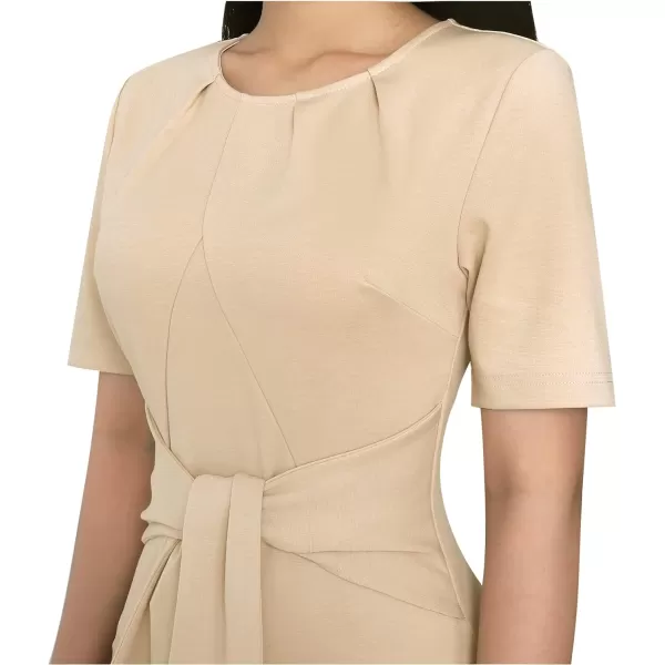 VFSHOW Womens Pleated Crew Neck Tie Waist Slim Wear to Work Office Party Bodycon Pencil DressApricot2