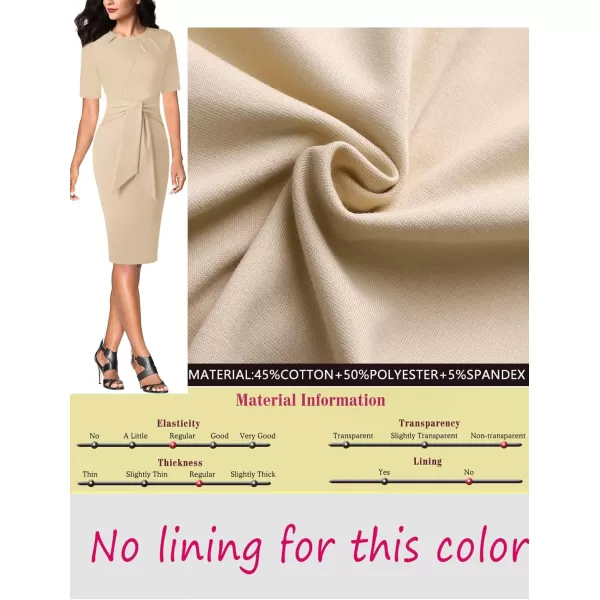 VFSHOW Womens Pleated Crew Neck Tie Waist Slim Wear to Work Office Party Bodycon Pencil DressApricot2