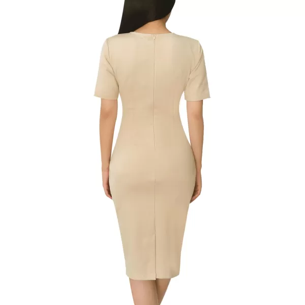 VFSHOW Womens Pleated Crew Neck Tie Waist Slim Wear to Work Office Party Bodycon Pencil DressApricot2