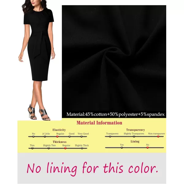 VFSHOW Womens Pleated Crew Neck Tie Waist Slim Wear to Work Office Party Bodycon Pencil DressBlack Short Sleeve2