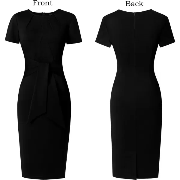 VFSHOW Womens Pleated Crew Neck Tie Waist Slim Wear to Work Office Party Bodycon Pencil DressBlack Short Sleeve2