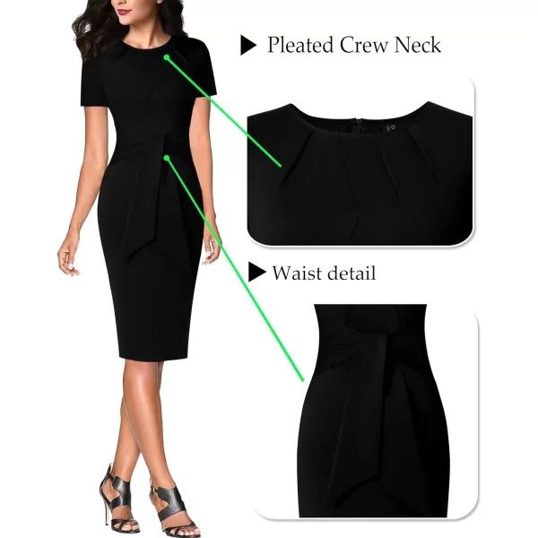 VFSHOW Womens Pleated Crew Neck Tie Waist Slim Wear to Work Office Party Bodycon Pencil DressBlack Short Sleeve2