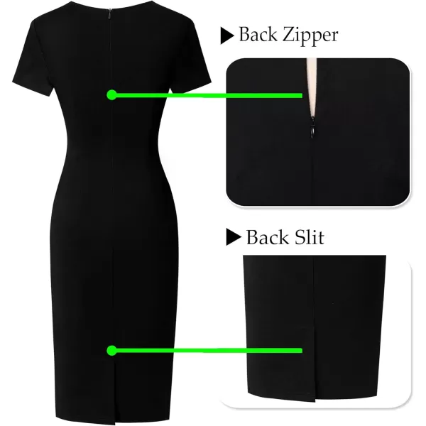 VFSHOW Womens Pleated Crew Neck Tie Waist Slim Wear to Work Office Party Bodycon Pencil DressBlack Short Sleeve2