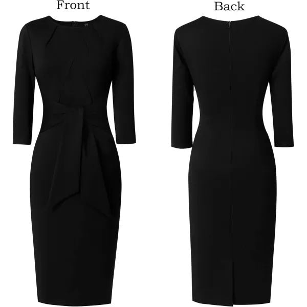 VFSHOW Womens Pleated Crew Neck Tie Waist Slim Wear to Work Office Party Bodycon Pencil DressBlack Tie Waist
