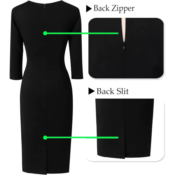 VFSHOW Womens Pleated Crew Neck Tie Waist Slim Wear to Work Office Party Bodycon Pencil DressBlack Tie Waist