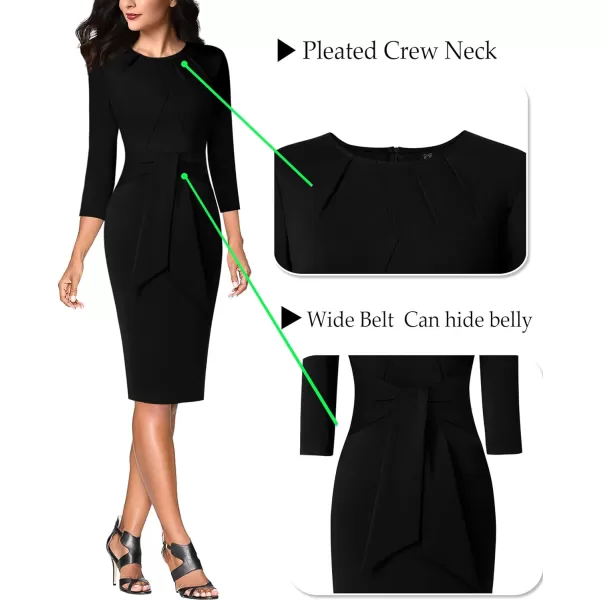VFSHOW Womens Pleated Crew Neck Tie Waist Slim Wear to Work Office Party Bodycon Pencil DressBlack Tie Waist