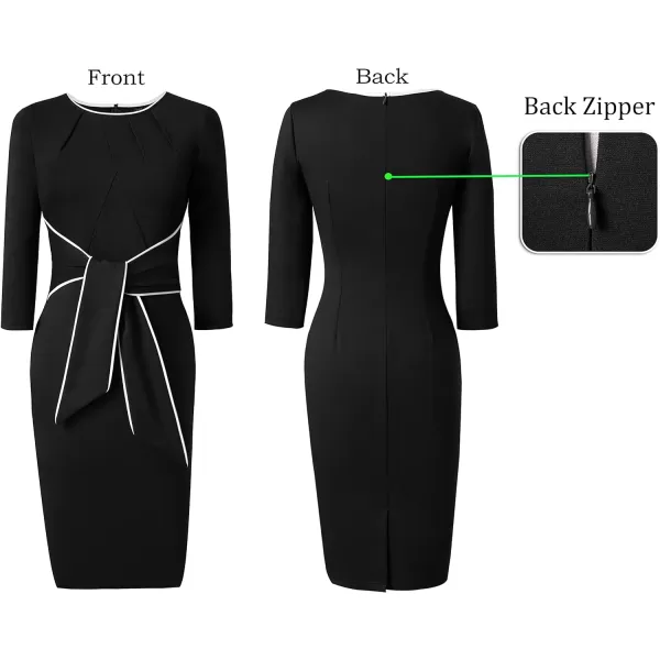 VFSHOW Womens Pleated Crew Neck Tie Waist Slim Wear to Work Office Party Bodycon Pencil DressBlack White Piping