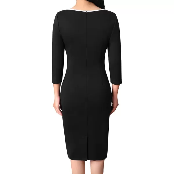 VFSHOW Womens Pleated Crew Neck Tie Waist Slim Wear to Work Office Party Bodycon Pencil DressBlack White Piping