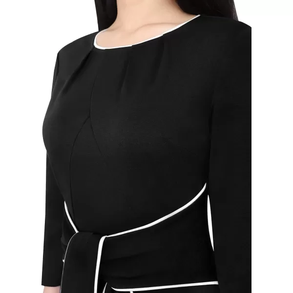 VFSHOW Womens Pleated Crew Neck Tie Waist Slim Wear to Work Office Party Bodycon Pencil DressBlack White Piping