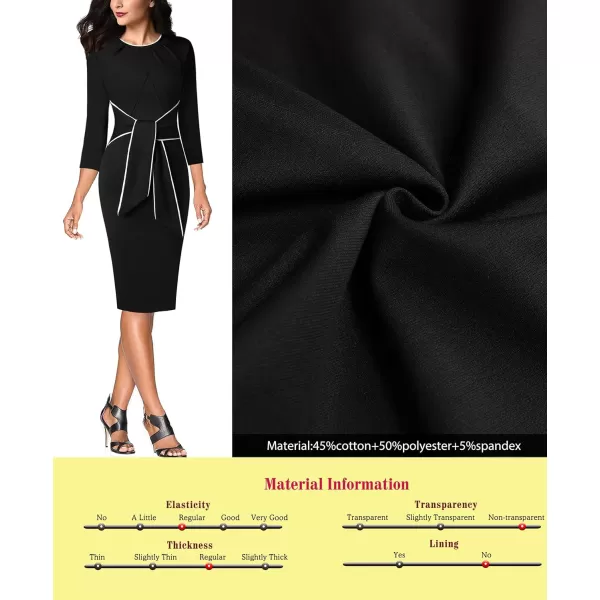 VFSHOW Womens Pleated Crew Neck Tie Waist Slim Wear to Work Office Party Bodycon Pencil DressBlack White Piping