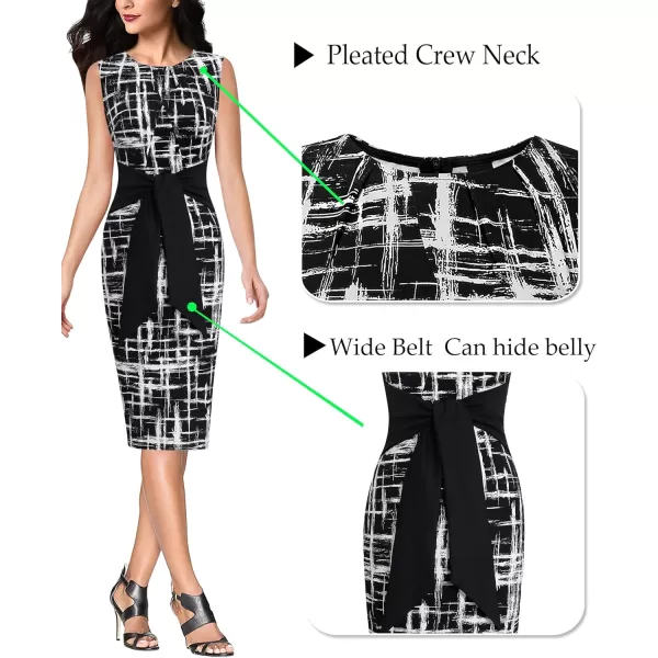 VFSHOW Womens Pleated Crew Neck Tie Waist Slim Wear to Work Office Party Bodycon Pencil DressBlack and White Geometric