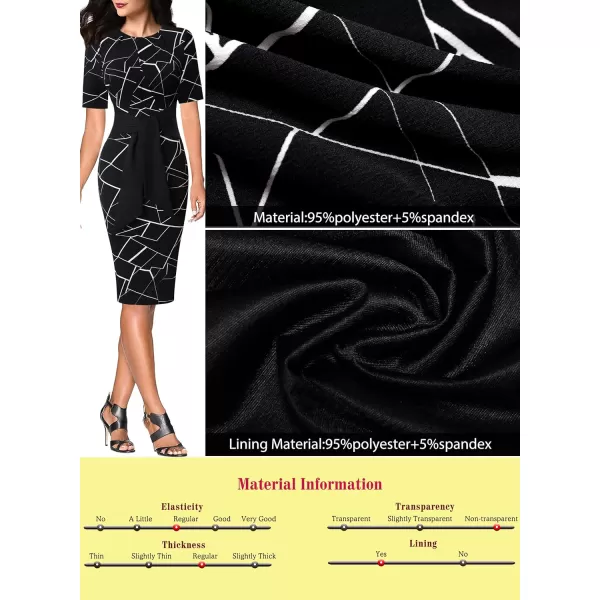 VFSHOW Womens Pleated Crew Neck Tie Waist Slim Wear to Work Office Party Bodycon Pencil DressBlack and White Geometric2