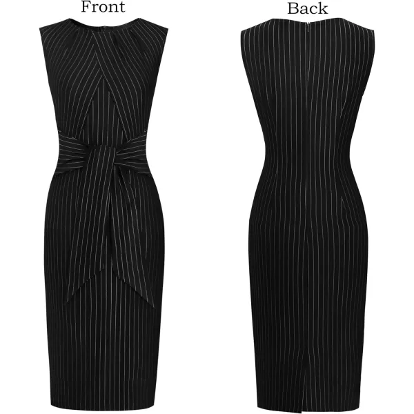 VFSHOW Womens Pleated Crew Neck Tie Waist Slim Wear to Work Office Party Bodycon Pencil DressBlack and White Stripe