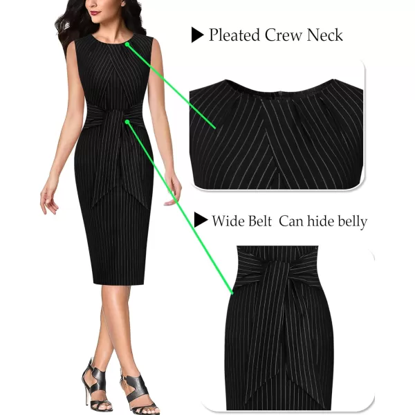 VFSHOW Womens Pleated Crew Neck Tie Waist Slim Wear to Work Office Party Bodycon Pencil DressBlack and White Stripe