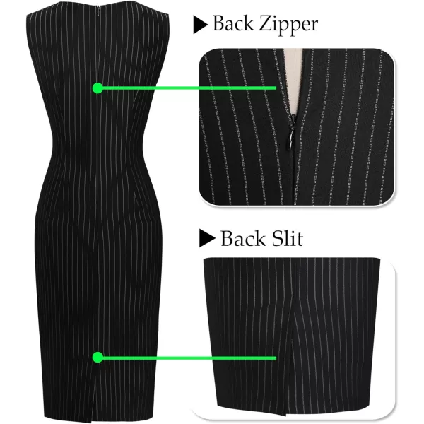 VFSHOW Womens Pleated Crew Neck Tie Waist Slim Wear to Work Office Party Bodycon Pencil DressBlack and White Stripe