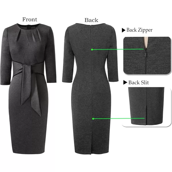 VFSHOW Womens Pleated Crew Neck Tie Waist Slim Wear to Work Office Party Bodycon Pencil DressDark Grey