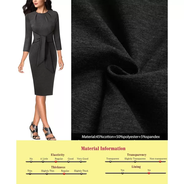 VFSHOW Womens Pleated Crew Neck Tie Waist Slim Wear to Work Office Party Bodycon Pencil DressDark Grey