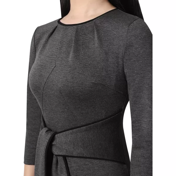 VFSHOW Womens Pleated Crew Neck Tie Waist Slim Wear to Work Office Party Bodycon Pencil DressDark Grey