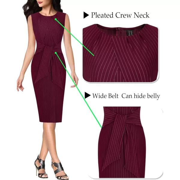 VFSHOW Womens Pleated Crew Neck Tie Waist Slim Wear to Work Office Party Bodycon Pencil DressDark Red and White Stripe