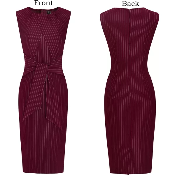 VFSHOW Womens Pleated Crew Neck Tie Waist Slim Wear to Work Office Party Bodycon Pencil DressDark Red and White Stripe