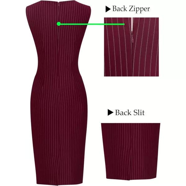 VFSHOW Womens Pleated Crew Neck Tie Waist Slim Wear to Work Office Party Bodycon Pencil DressDark Red and White Stripe