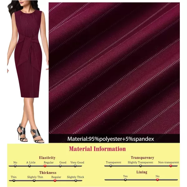 VFSHOW Womens Pleated Crew Neck Tie Waist Slim Wear to Work Office Party Bodycon Pencil DressDark Red and White Stripe