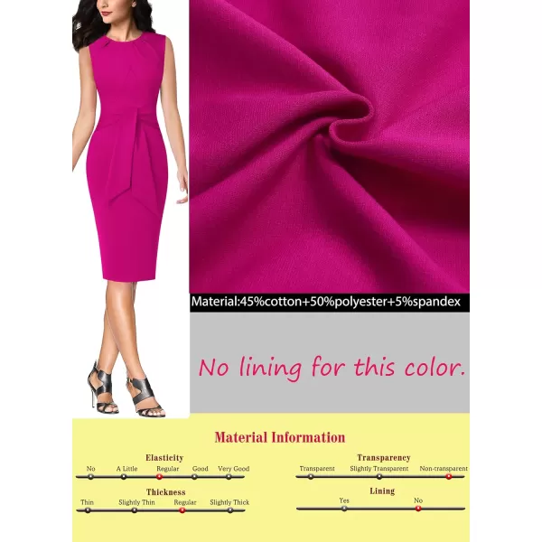 VFSHOW Womens Pleated Crew Neck Tie Waist Slim Wear to Work Office Party Bodycon Pencil DressHot Pink