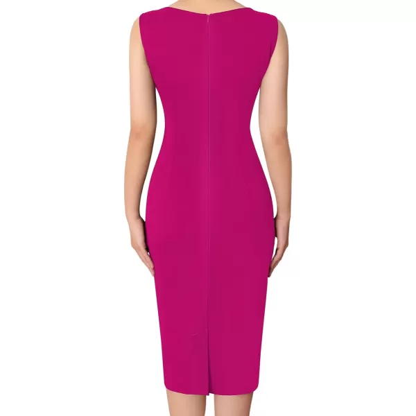 VFSHOW Womens Pleated Crew Neck Tie Waist Slim Wear to Work Office Party Bodycon Pencil DressHot Pink