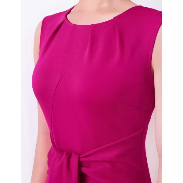 VFSHOW Womens Pleated Crew Neck Tie Waist Slim Wear to Work Office Party Bodycon Pencil DressHot Pink