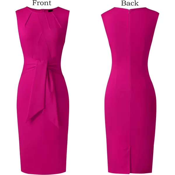 VFSHOW Womens Pleated Crew Neck Tie Waist Slim Wear to Work Office Party Bodycon Pencil DressHot Pink