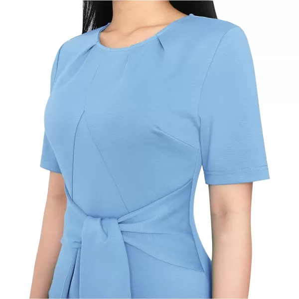 VFSHOW Womens Pleated Crew Neck Tie Waist Slim Wear to Work Office Party Bodycon Pencil DressLight Blue2