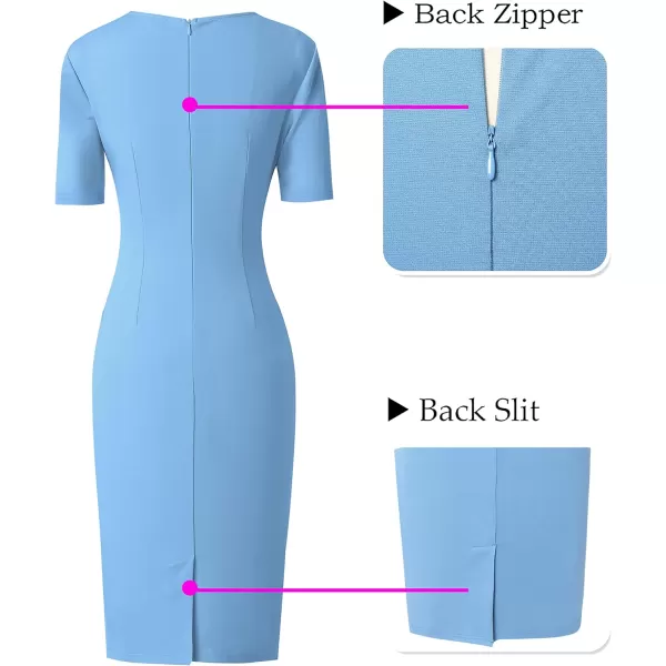 VFSHOW Womens Pleated Crew Neck Tie Waist Slim Wear to Work Office Party Bodycon Pencil DressLight Blue2