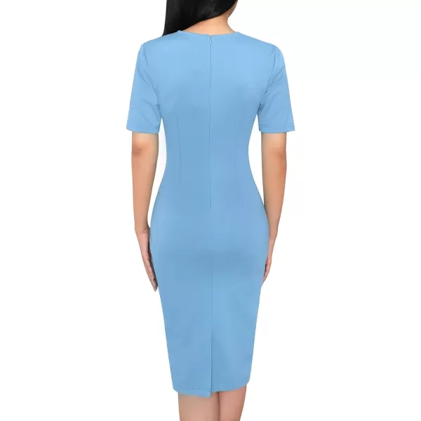 VFSHOW Womens Pleated Crew Neck Tie Waist Slim Wear to Work Office Party Bodycon Pencil DressLight Blue2