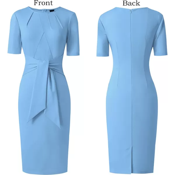 VFSHOW Womens Pleated Crew Neck Tie Waist Slim Wear to Work Office Party Bodycon Pencil DressLight Blue2